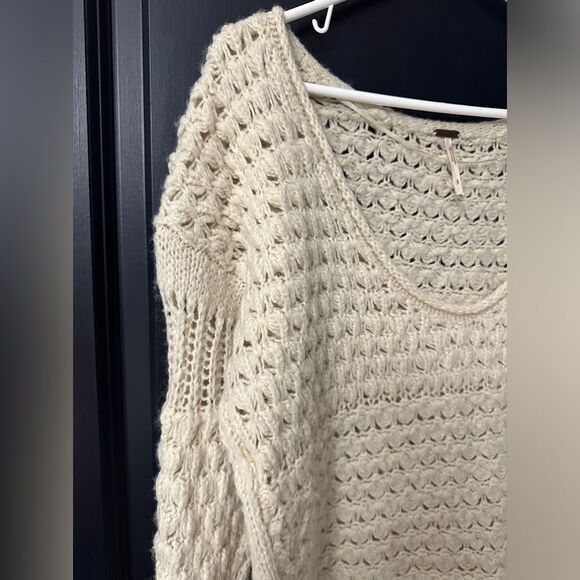Free People Crashing Waves Pullover Chunky Knit Boho Sweater Ivory Wool Blend - Picture 2 of 8